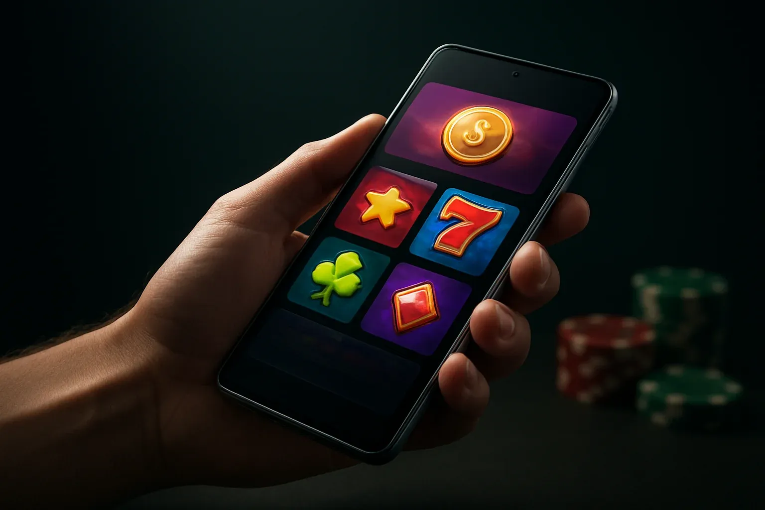 Flagship Android smartphone showing vivid casino app interface in dramatic lighting