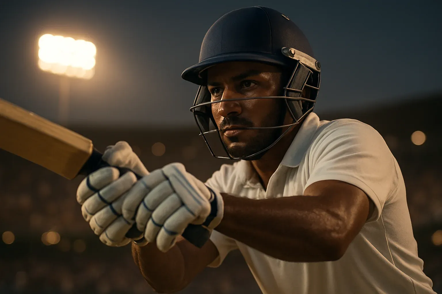 Bangladeshi male cricket batsman in white kit mid-swing under stadium lights