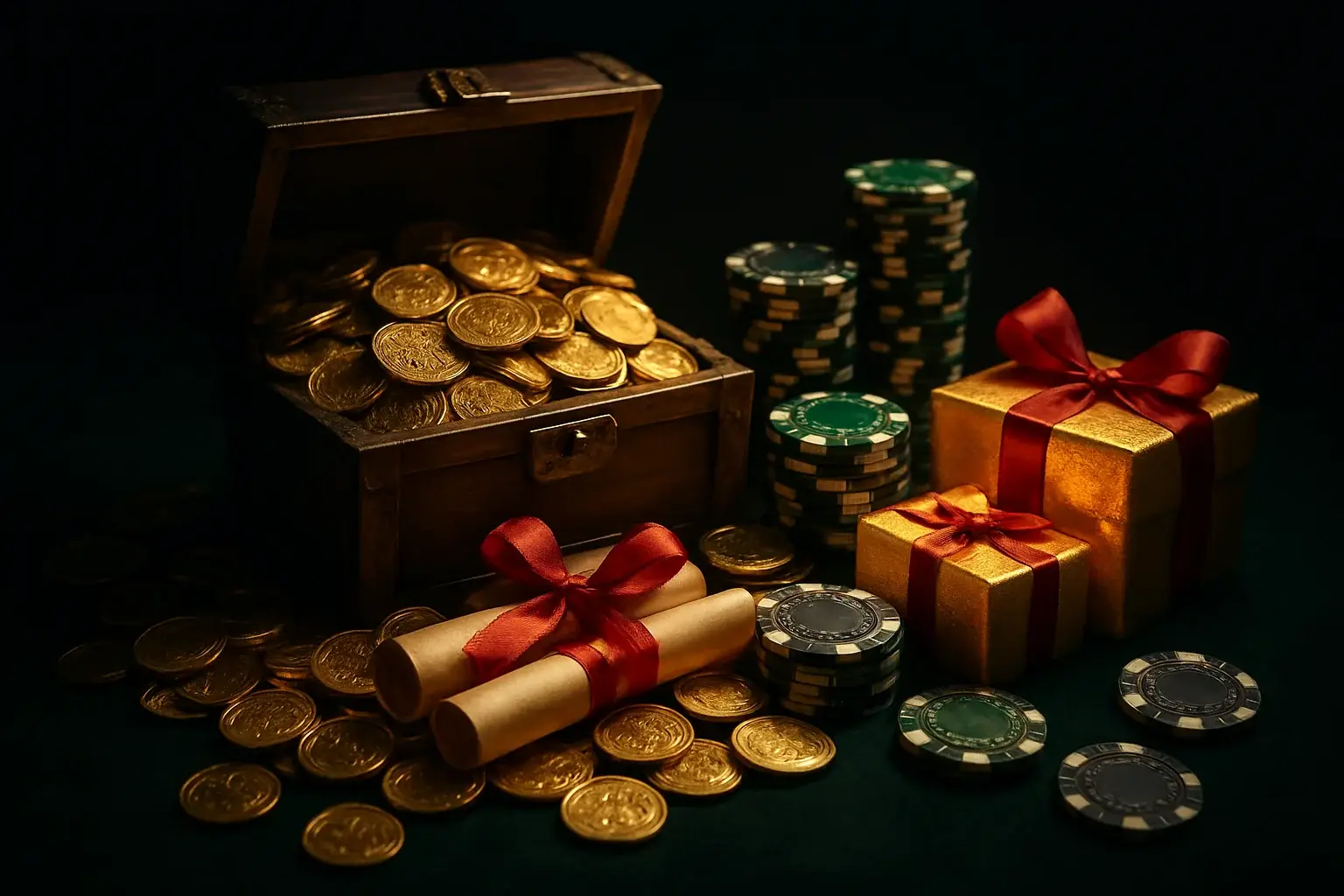 Overflowing treasure chest with gold coins, casino chips, vouchers, and gift boxes