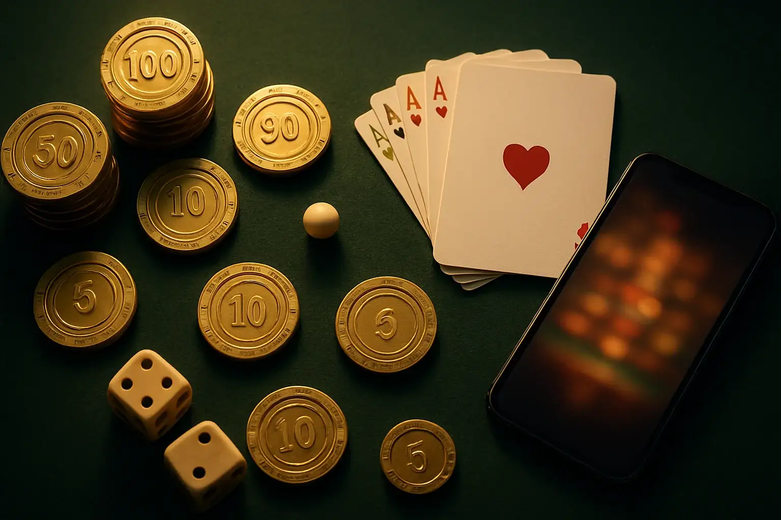 Top-down casino table with gold chips, cards, dice, roulette ball, smartphone