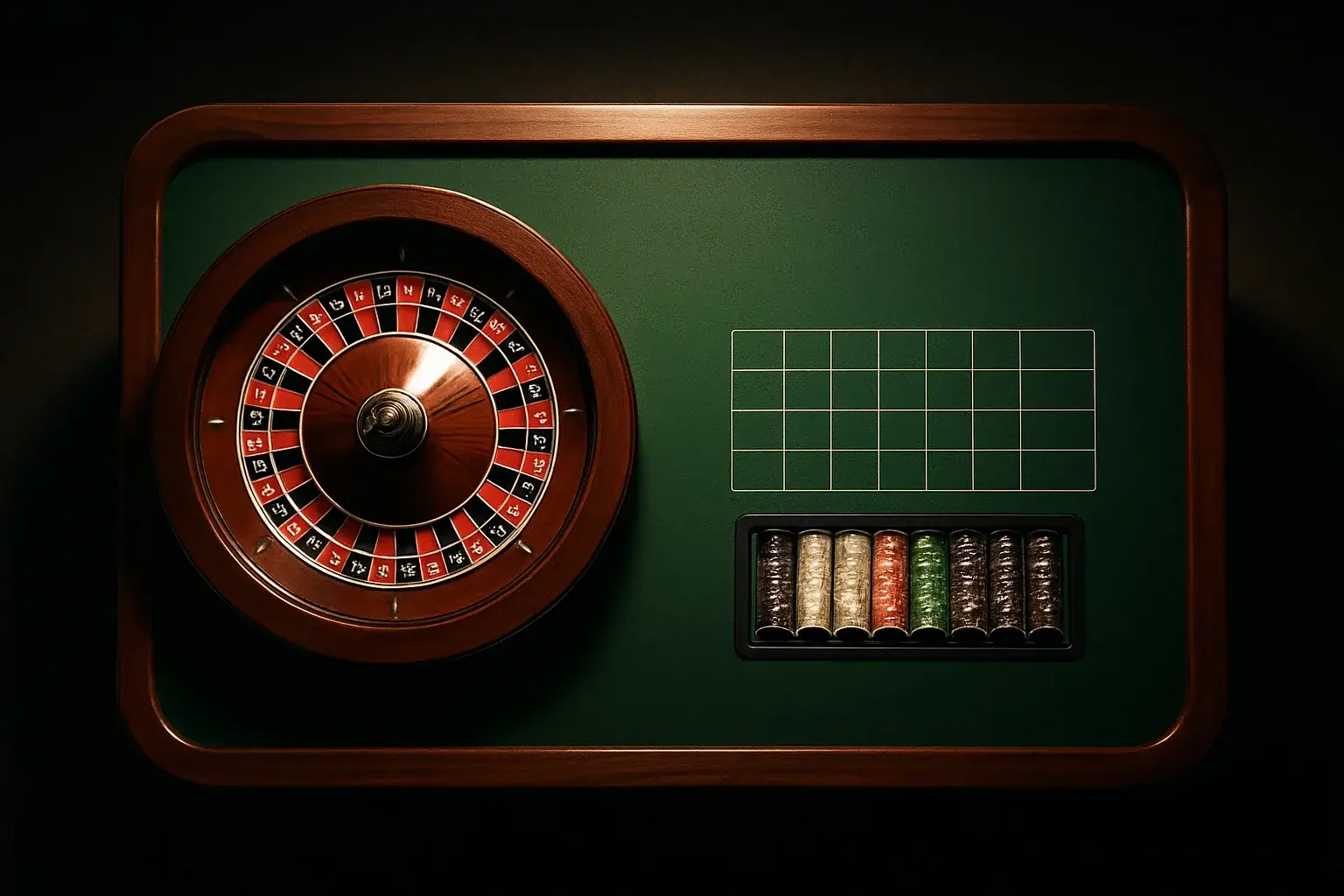 Premium live casino studio with empty roulette table and dramatic lighting