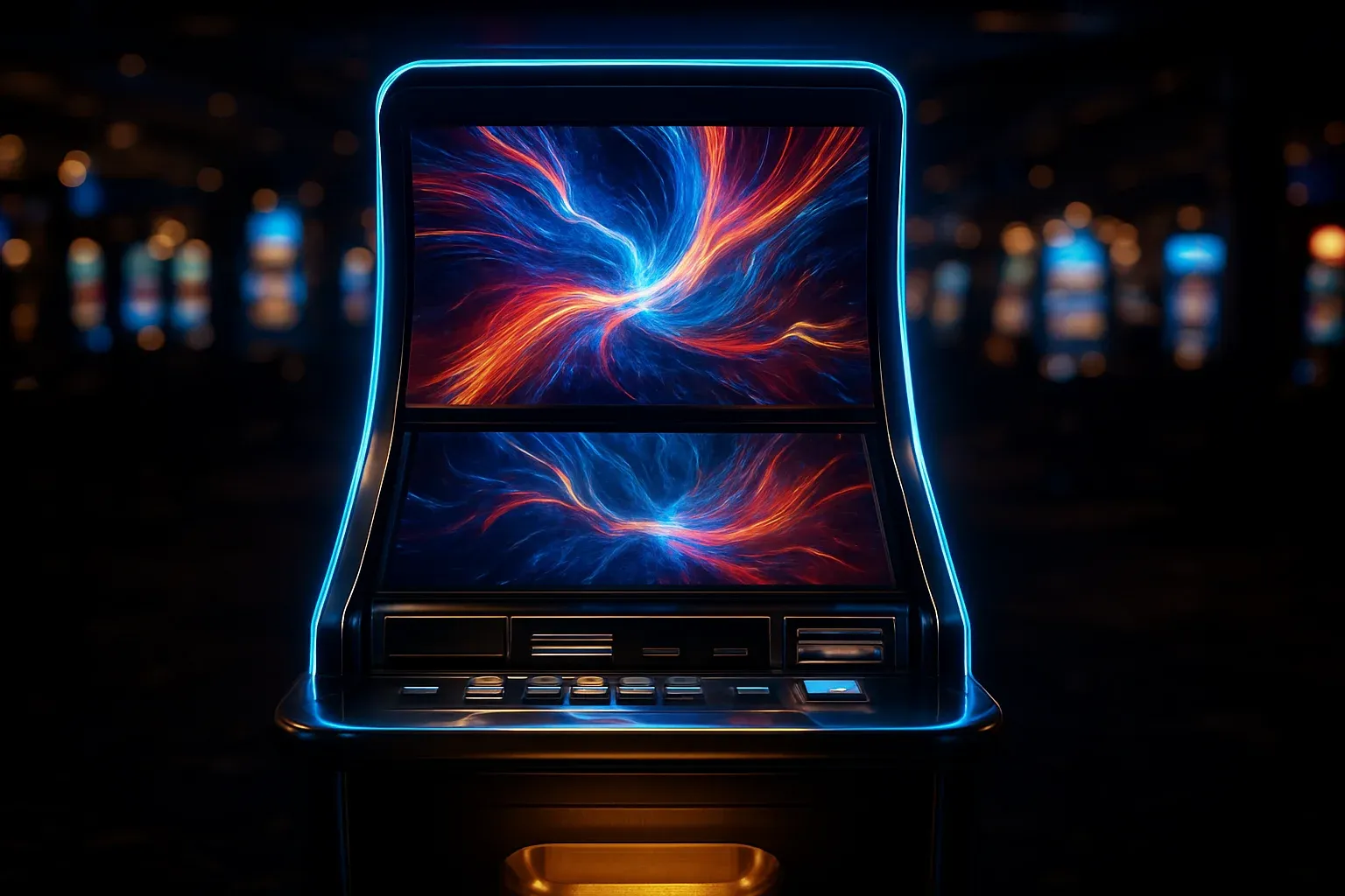 Hyperrealistic premium slot machine glowing in dark luxury casino floor